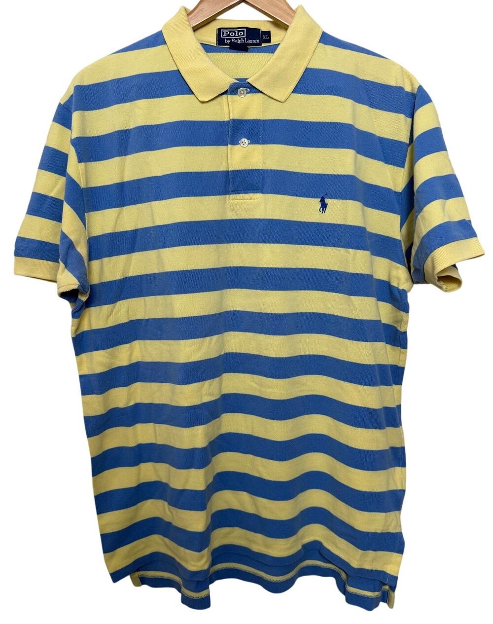 Ralph Lauren Yellow Blue Stripe Short Sleeve Polo Size XL 90s Vintage Retro